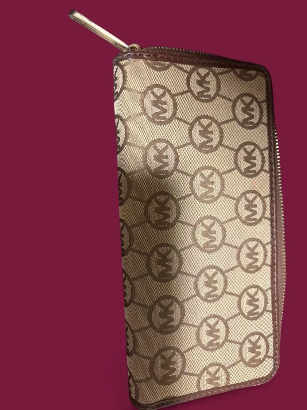 Michael Kors Beige Monogram Zip Wallet with Gold Plaque